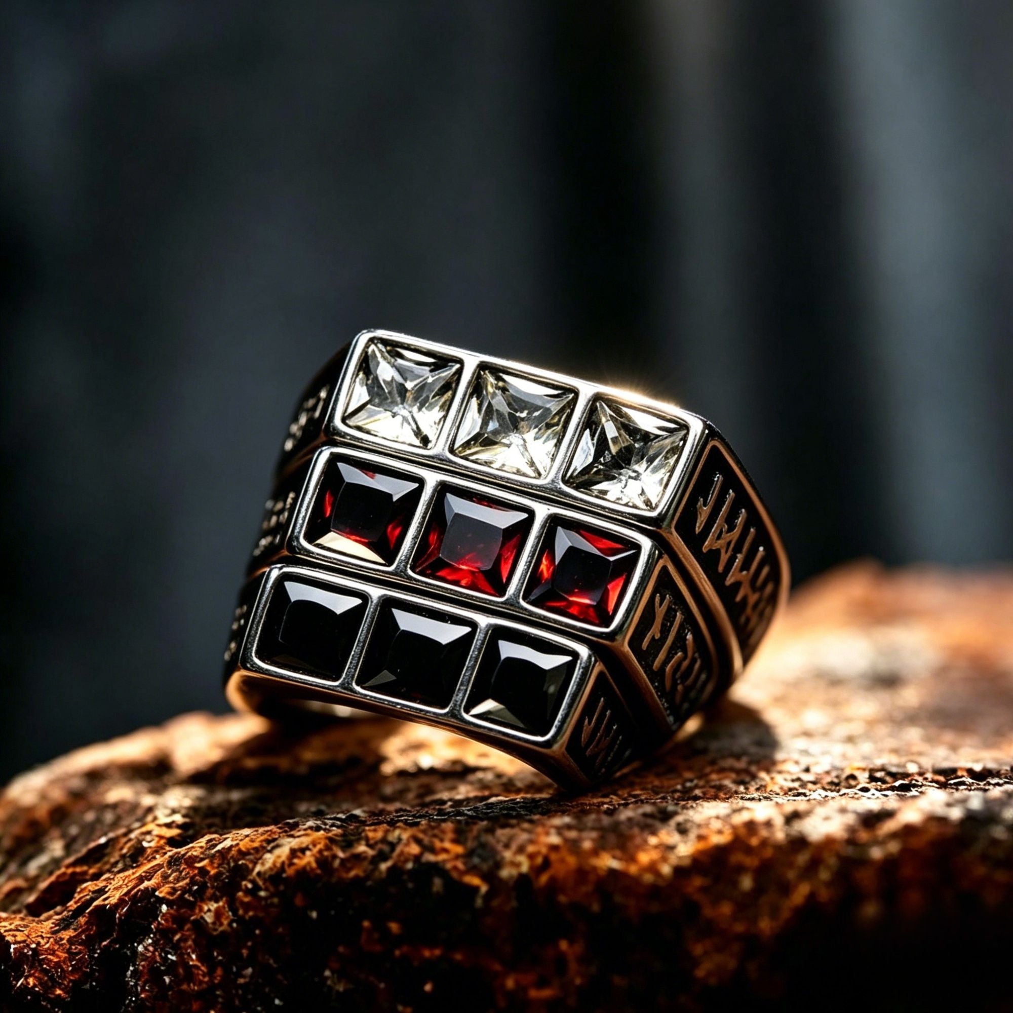 Square Gem Engraved Wide Stainless Steel Ring