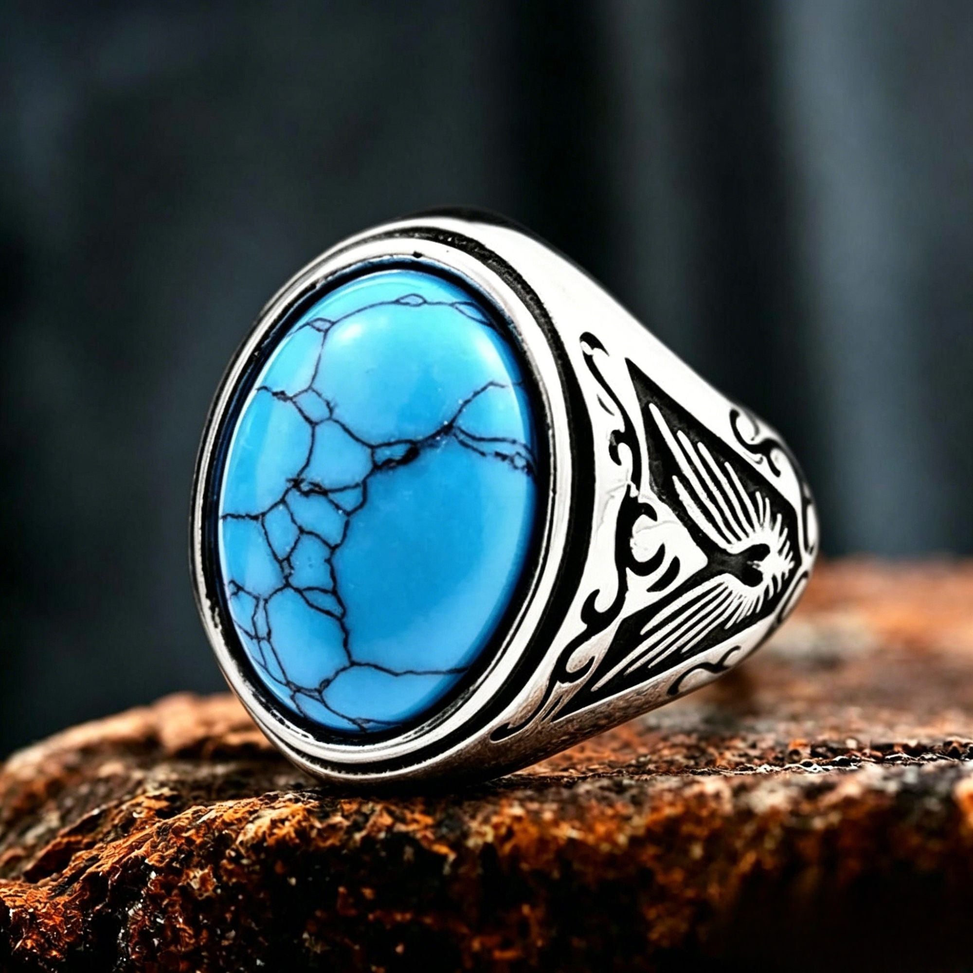 Carved Turquoise-Obsidian Stainless Steel Ring