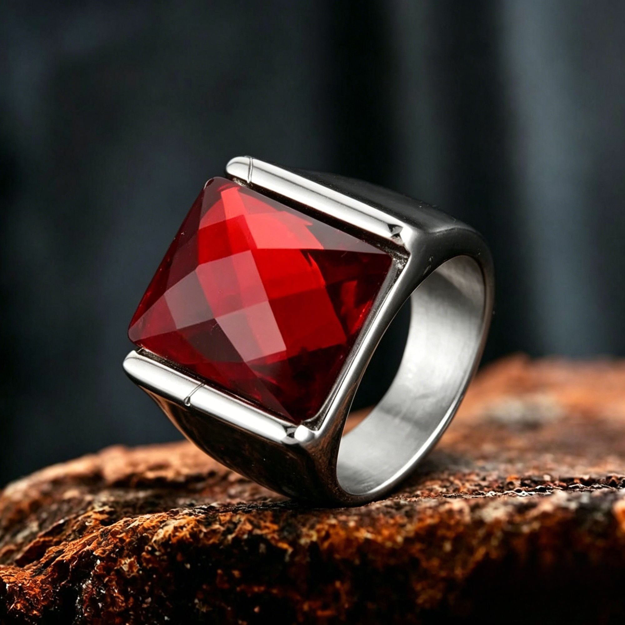Square Ruby Stainless Steel Ring