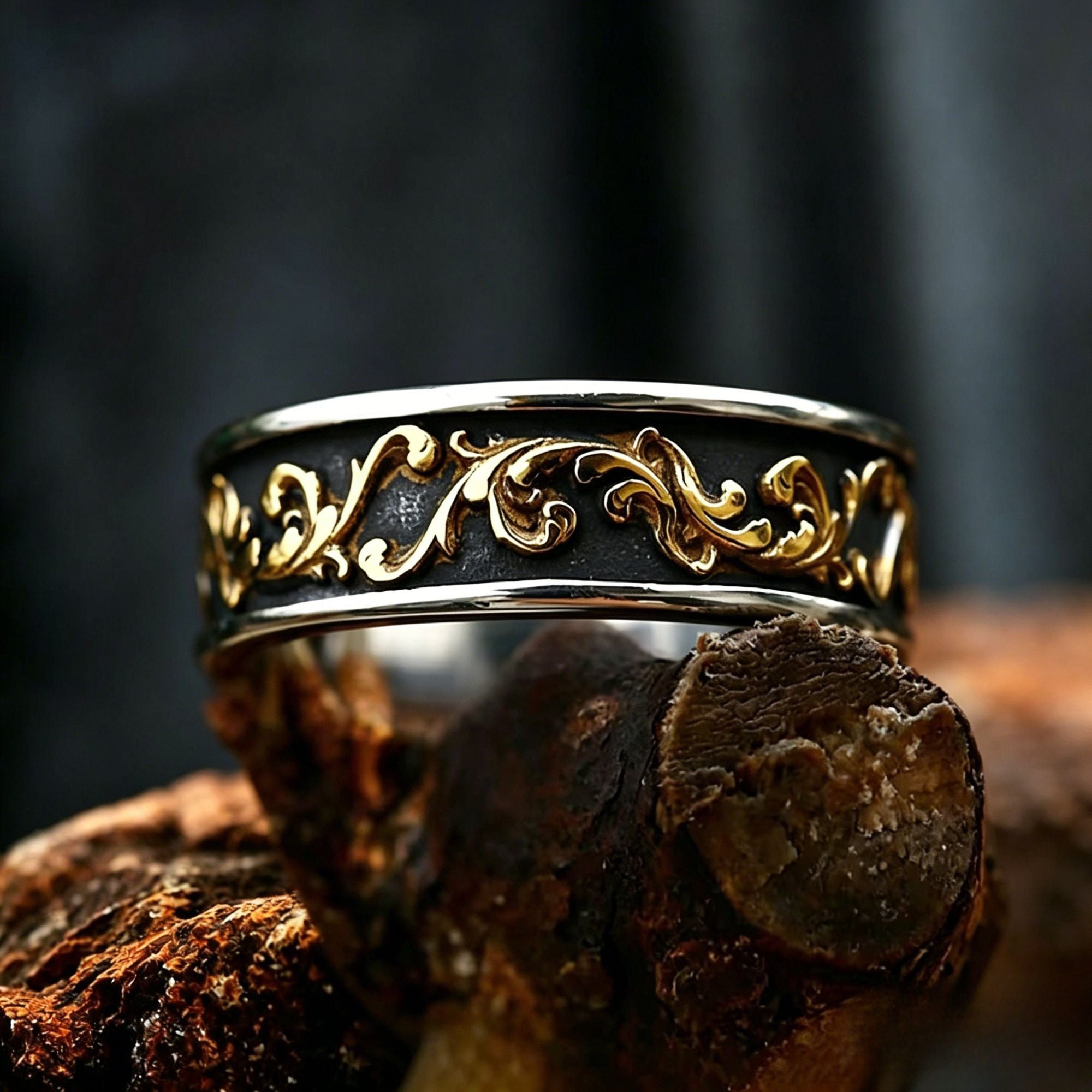 Vintage Gold Floral Scroll Wide Band Stainless Steel Ring