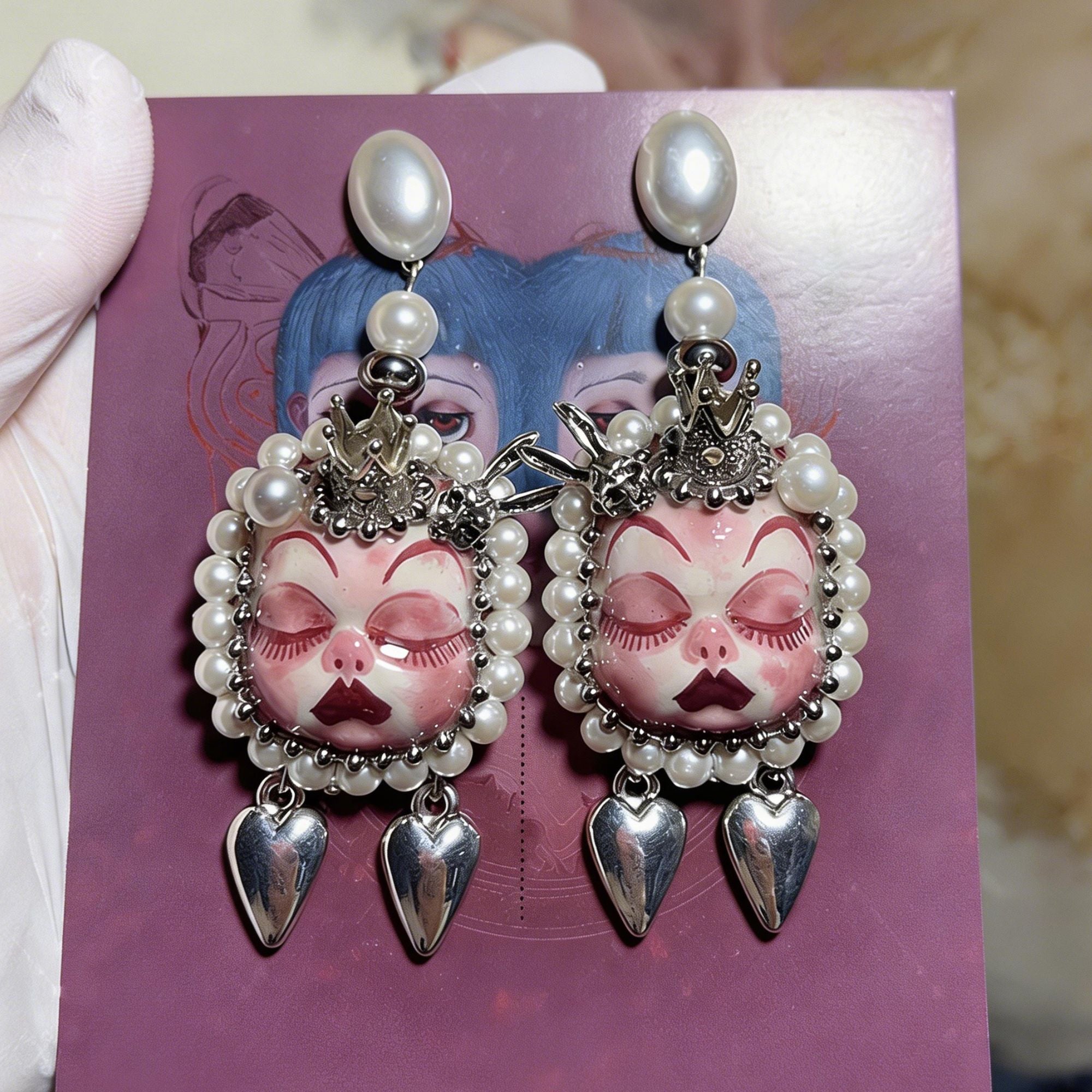 Pink Crown Bunny Heart Freak Baby Earrings