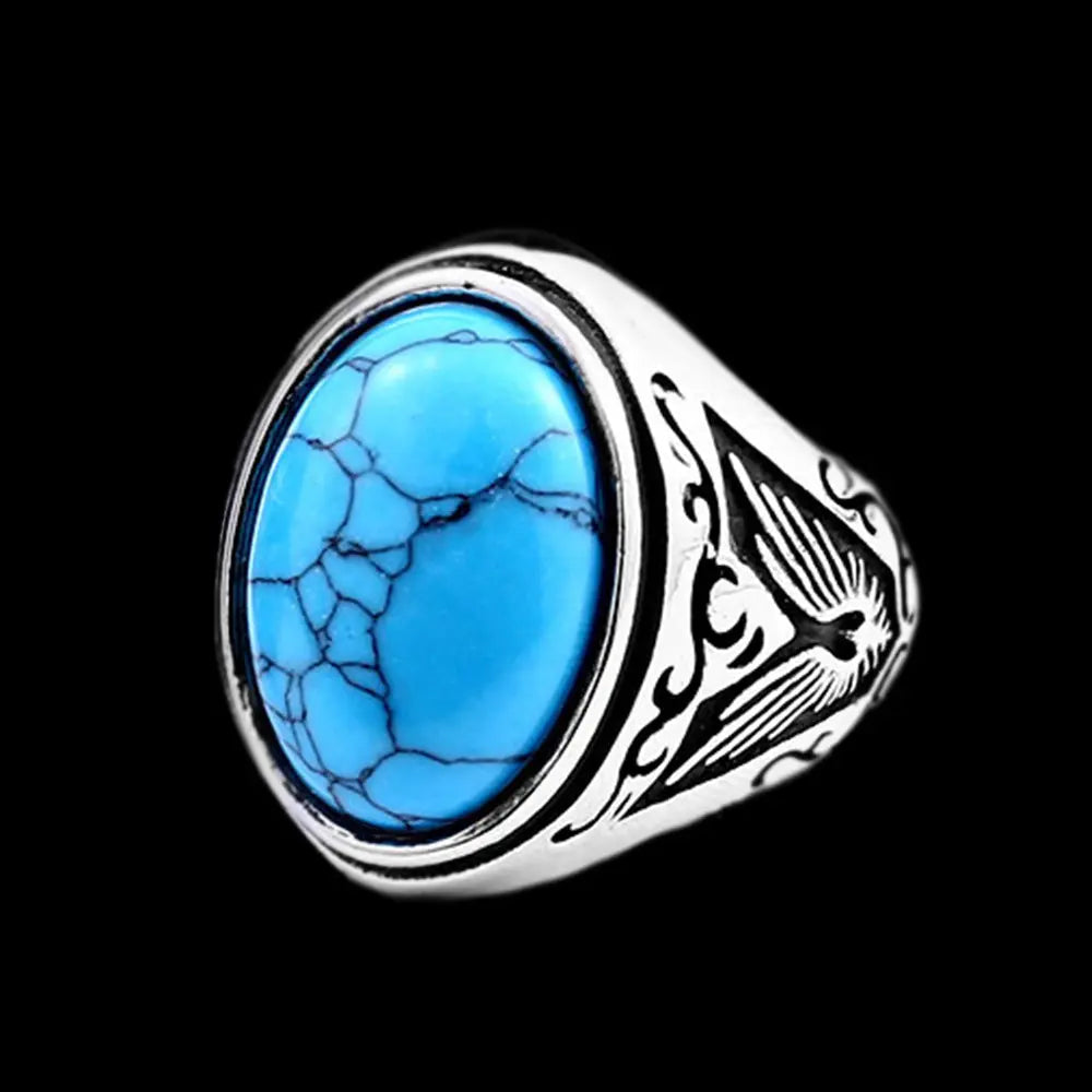 Carved Turquoise-Obsidian Stainless Steel Ring VRAFI
