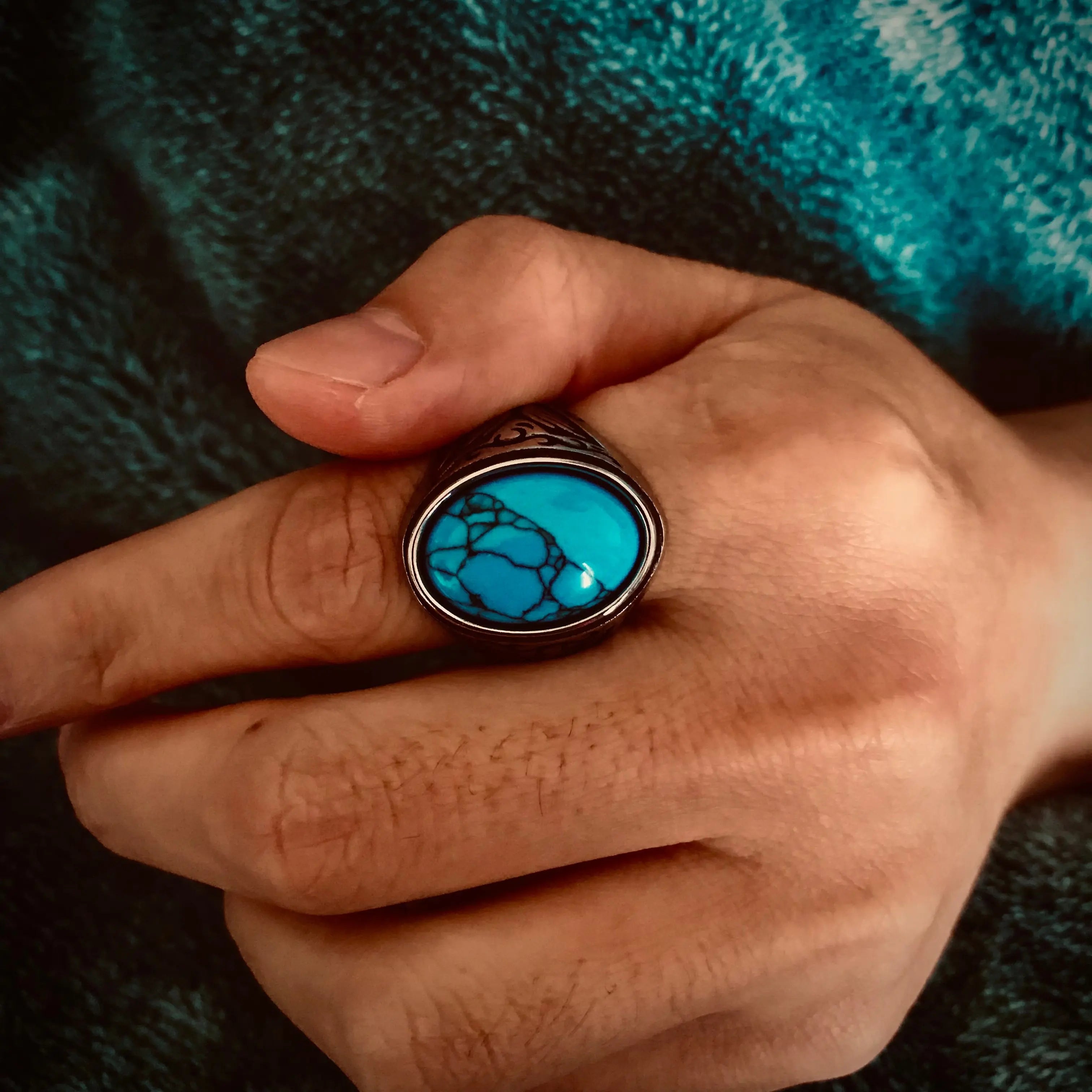Carved Turquoise-Obsidian Stainless Steel Ring VRAFI