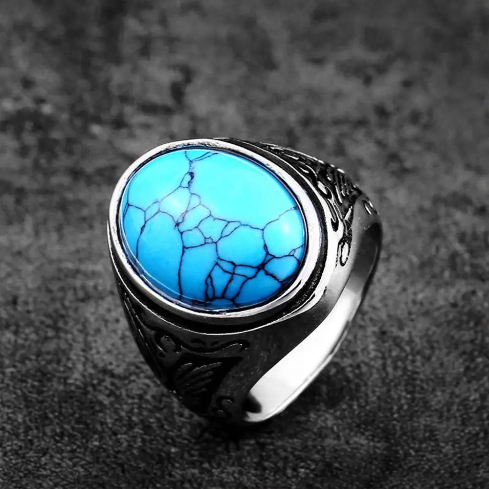 Carved Turquoise-Obsidian Stainless Steel Ring VRAFI