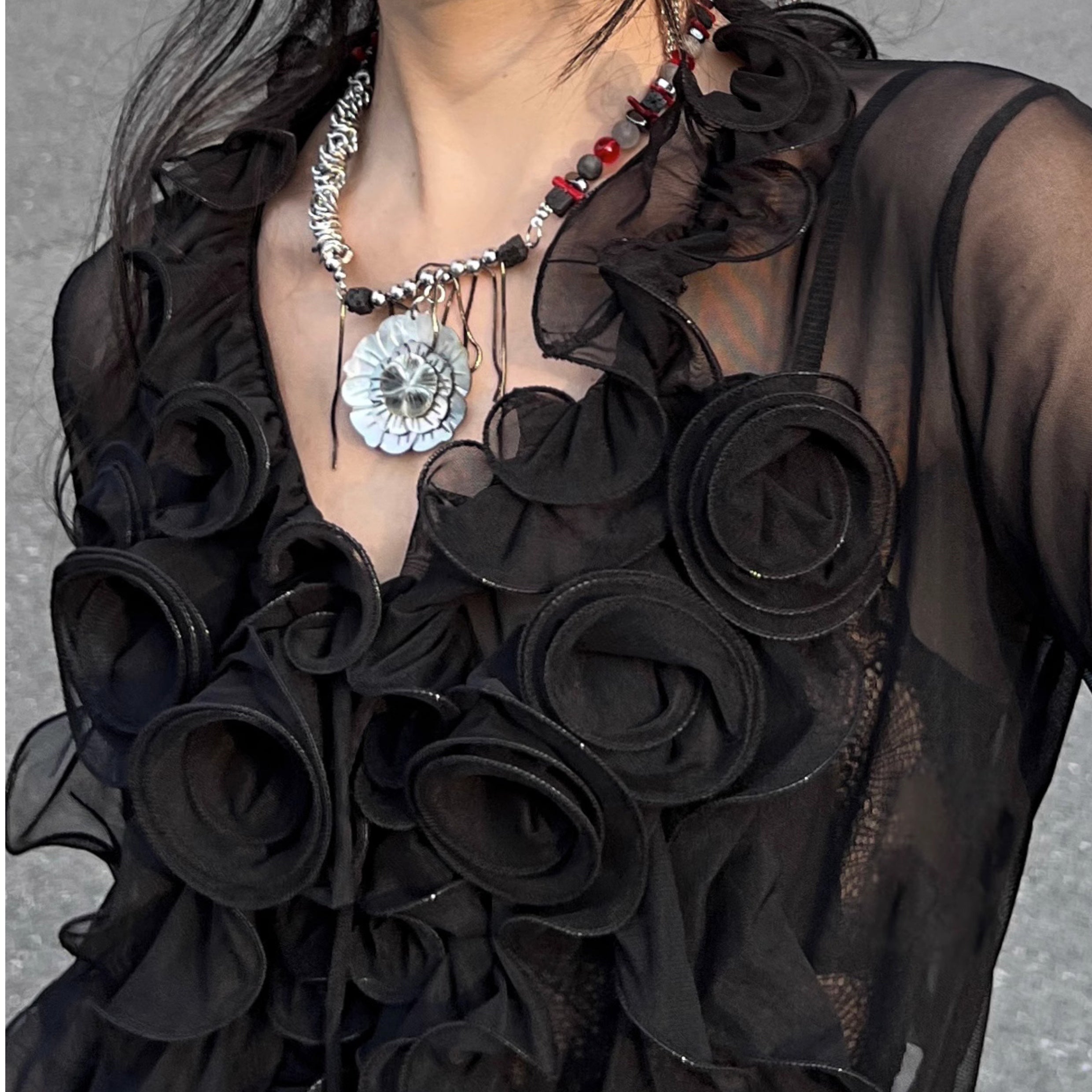 Carved Black Shell Crystal Bead Necklace