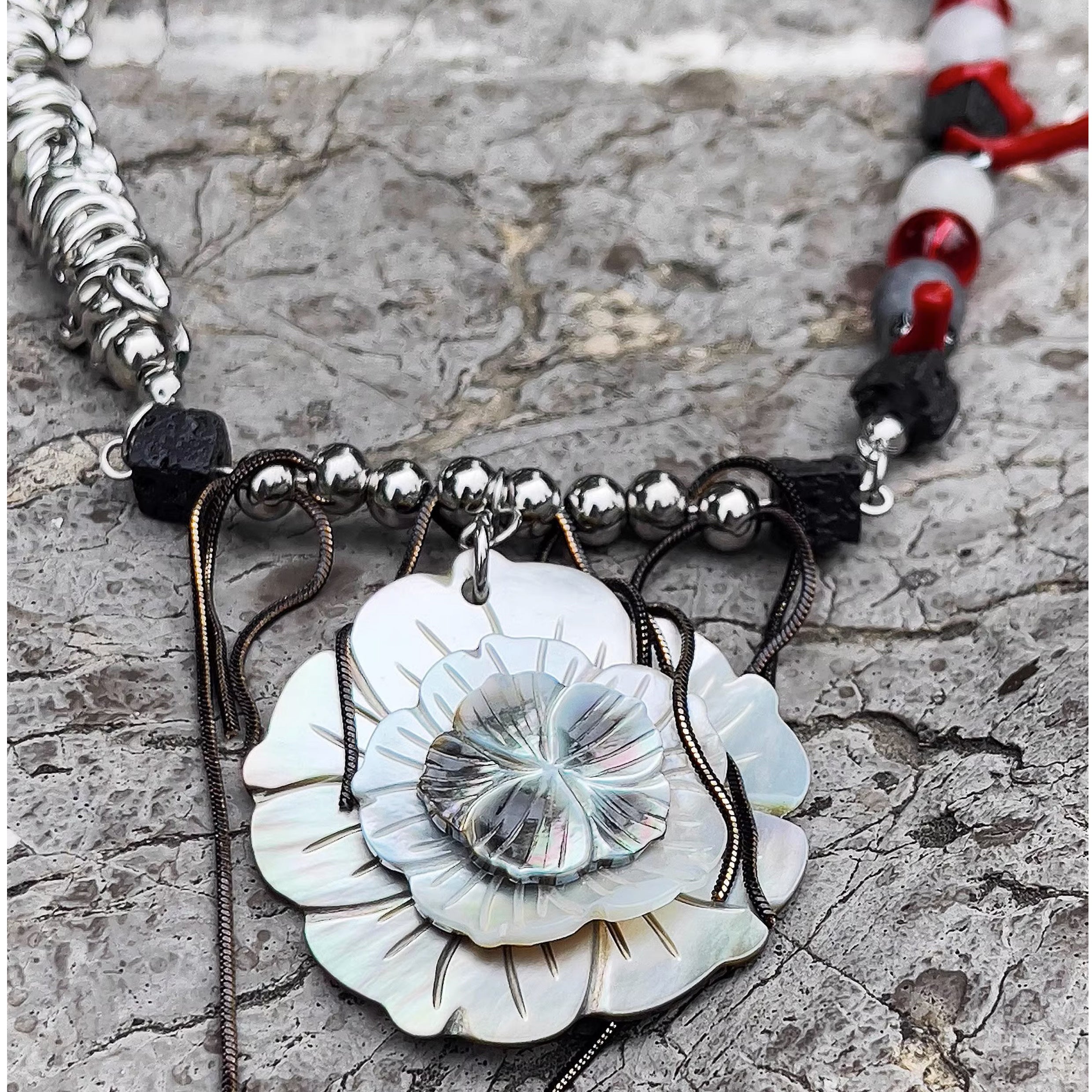 Carved Black Shell Crystal Bead Necklace