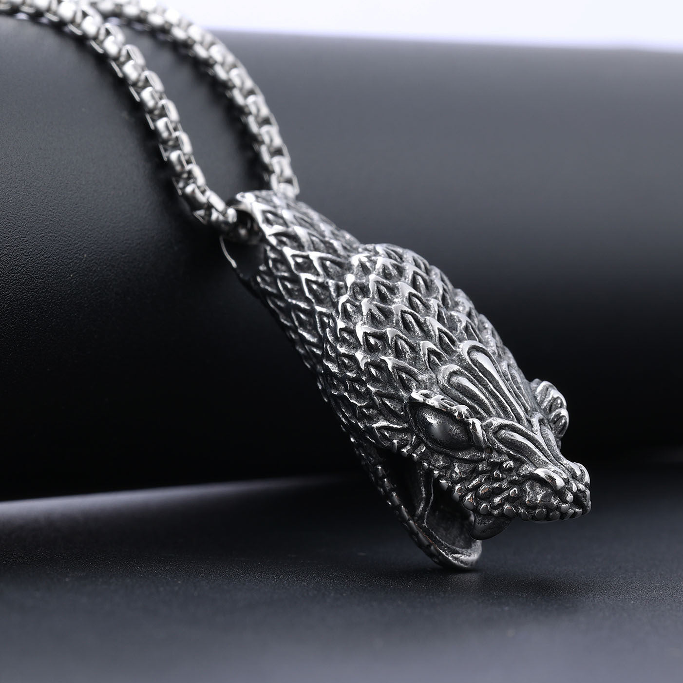 Carved Snake Head Men's Pendant Necklace