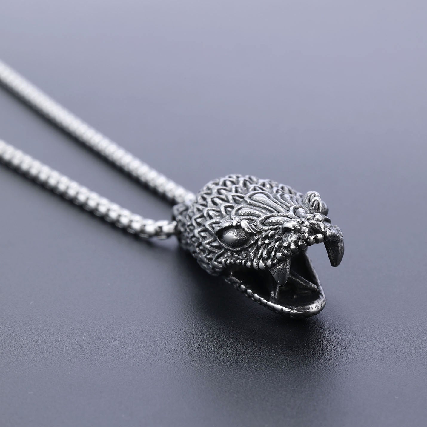 Carved Snake Head Men's Pendant Necklace