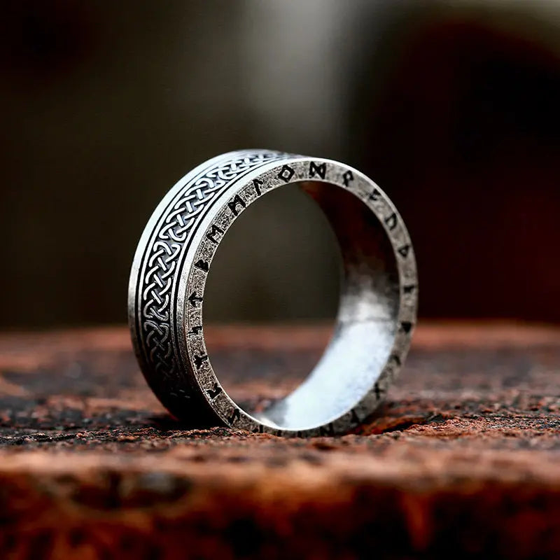 Celtic Knot With Runes Engraved Stainless Steel Ring VRAFI