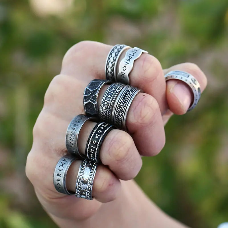 Celtic Knot With Runes Engraved Stainless Steel Ring VRAFI