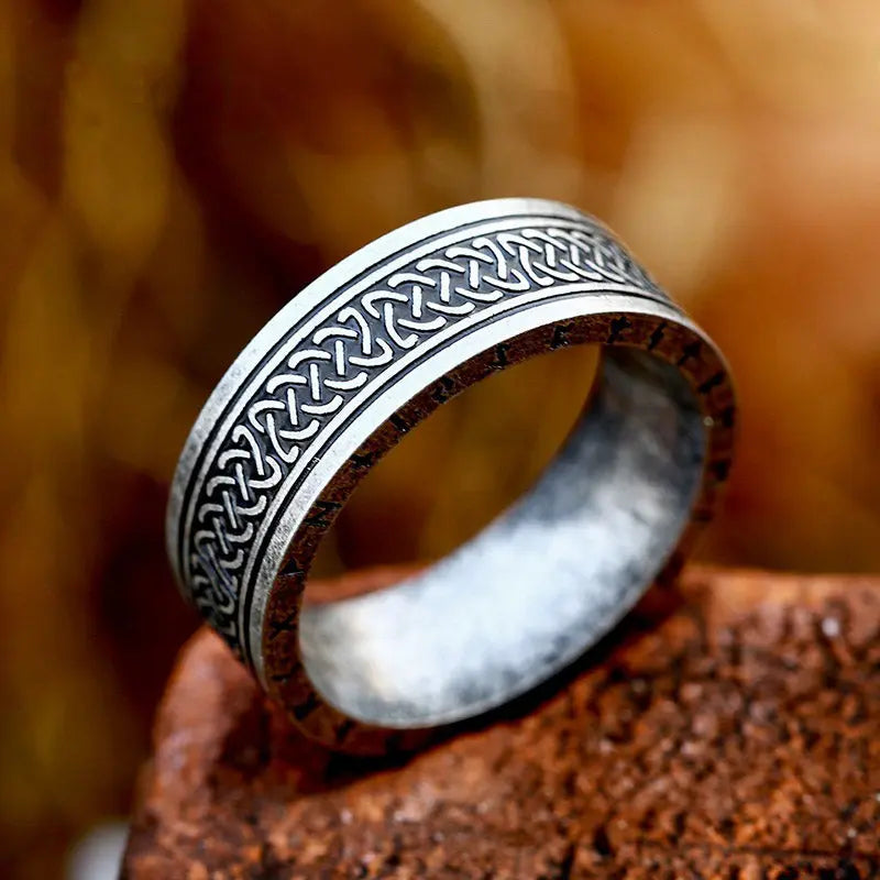 Celtic Knot With Runes Engraved Stainless Steel Ring VRAFI