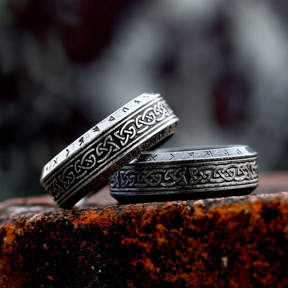 Classic Celtic Knot With Runes Engraved  Stainless Steel Ring VRAFI