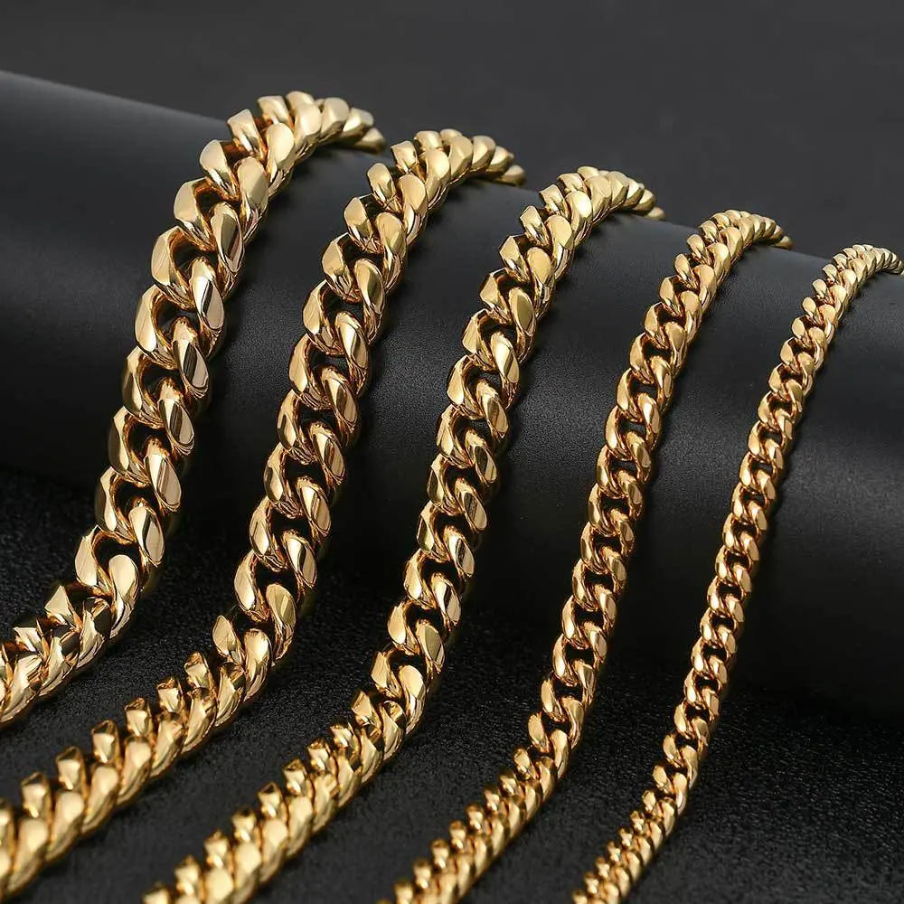 Cylindrical Stone Inlaid Open-Box Clasp Cuban Chain-Gold VRAFI