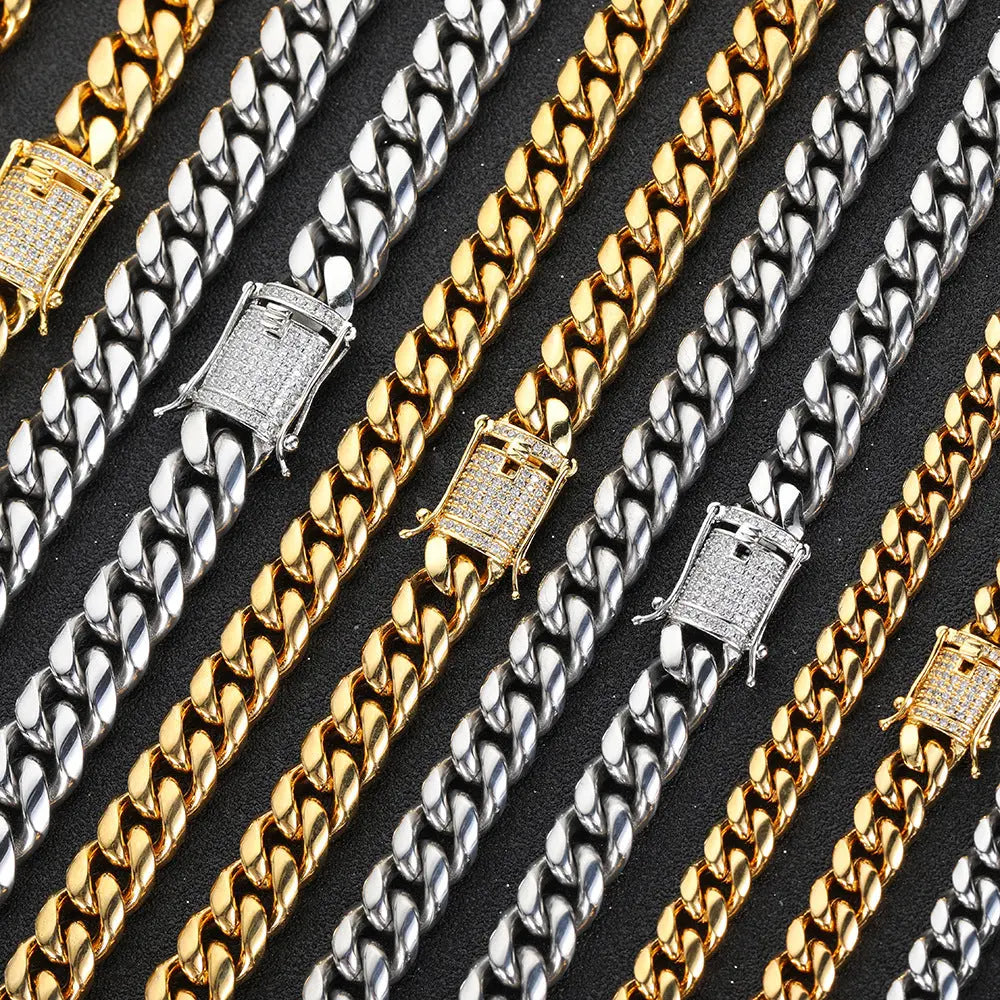 Cylindrical Stone Inlaid Open-Box Clasp Cuban Chain-Silver VRAFI