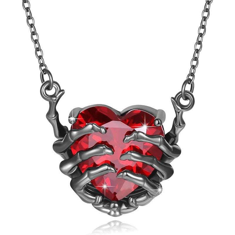Dark Red Heart Gemstone Skull Claw Pendant