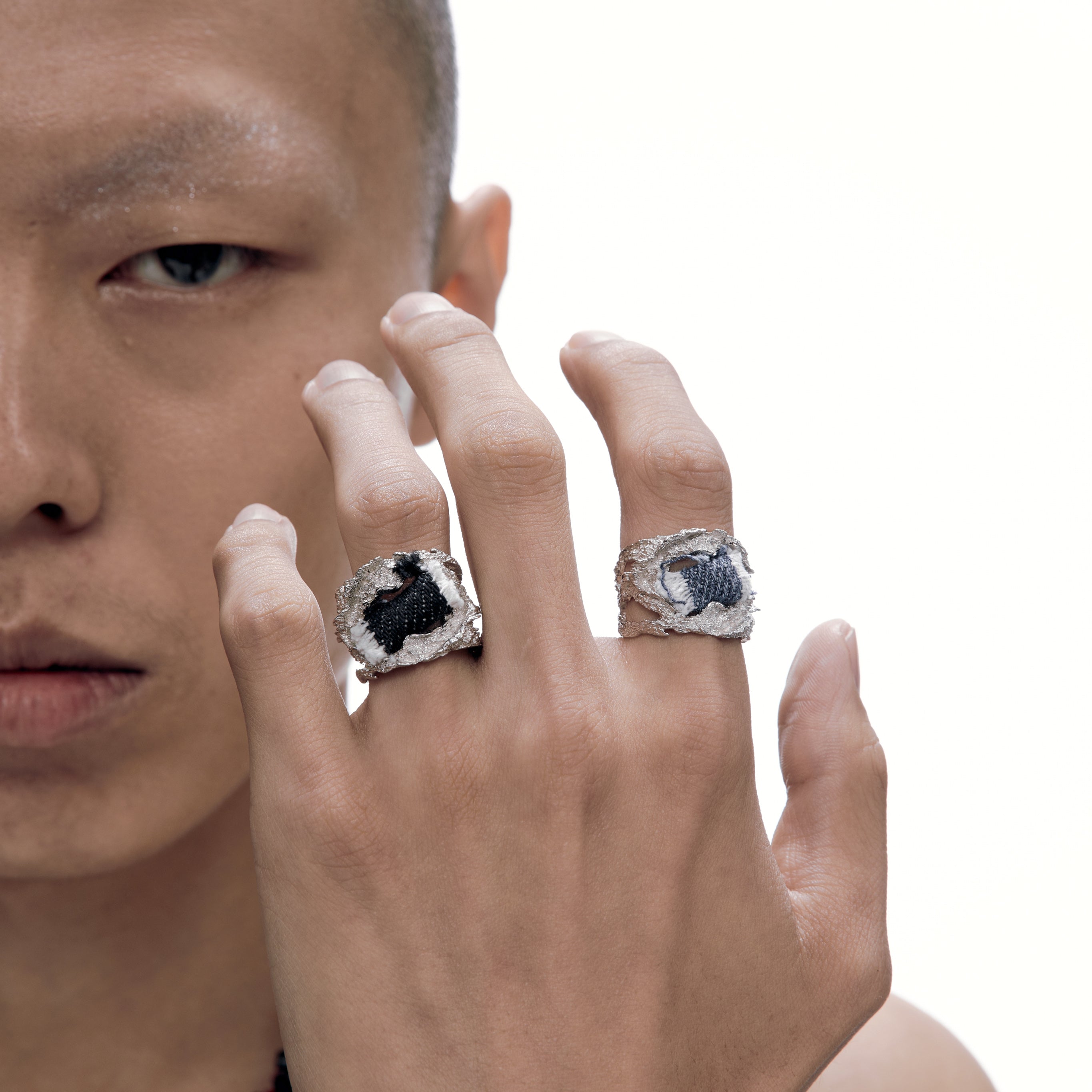 Denim Stitching Sterling Silver Open Ring