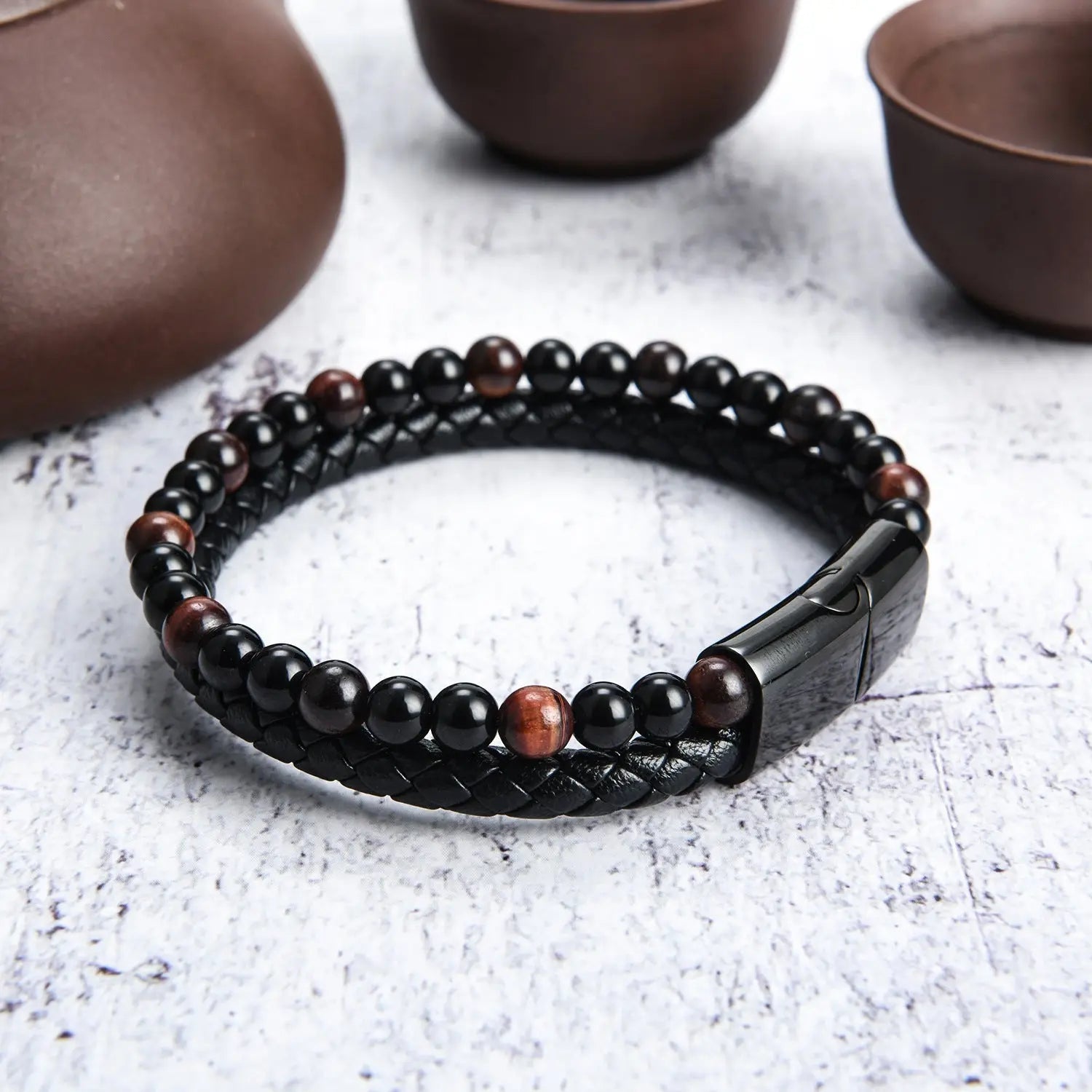 Double Layer Tiger Eye Beads Leather Bracelet VRAFI