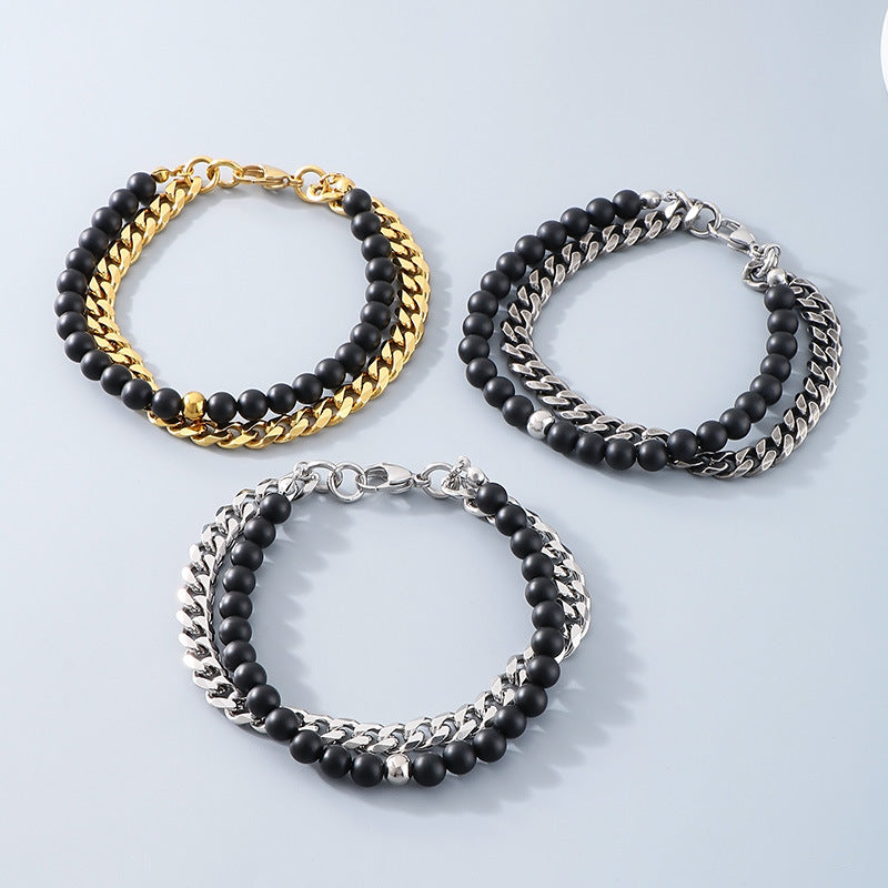 Double Layer Black Onyx Beaded Cuban Chain Bracelet