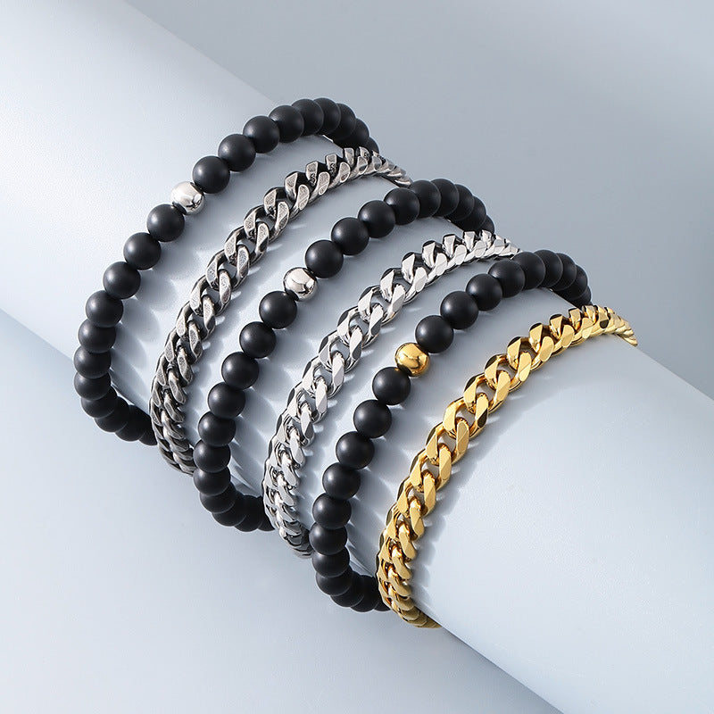 Double Layer Black Onyx Beaded Cuban Chain Bracelet