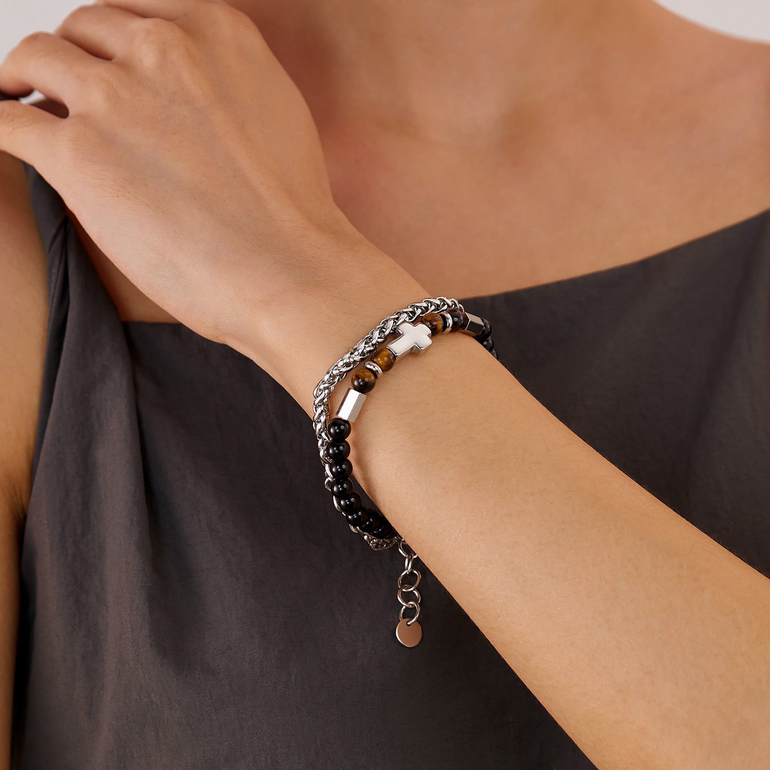 Bracciale con perline in acciaio inossidabile alabastro