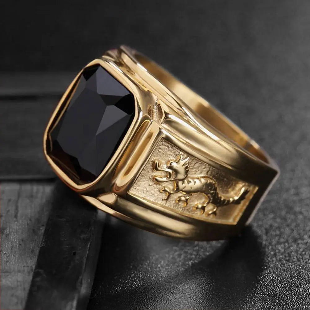 Dual Eastern Dragon Golden Band Gemstone Ring - Vrafi Jewelry
