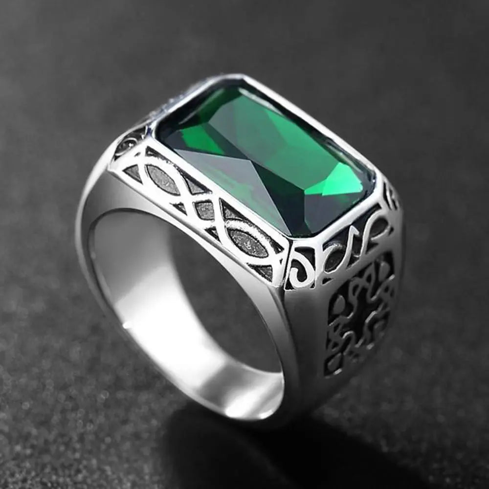 Emerald Inlaid Stainless Steel Ring - Main Image