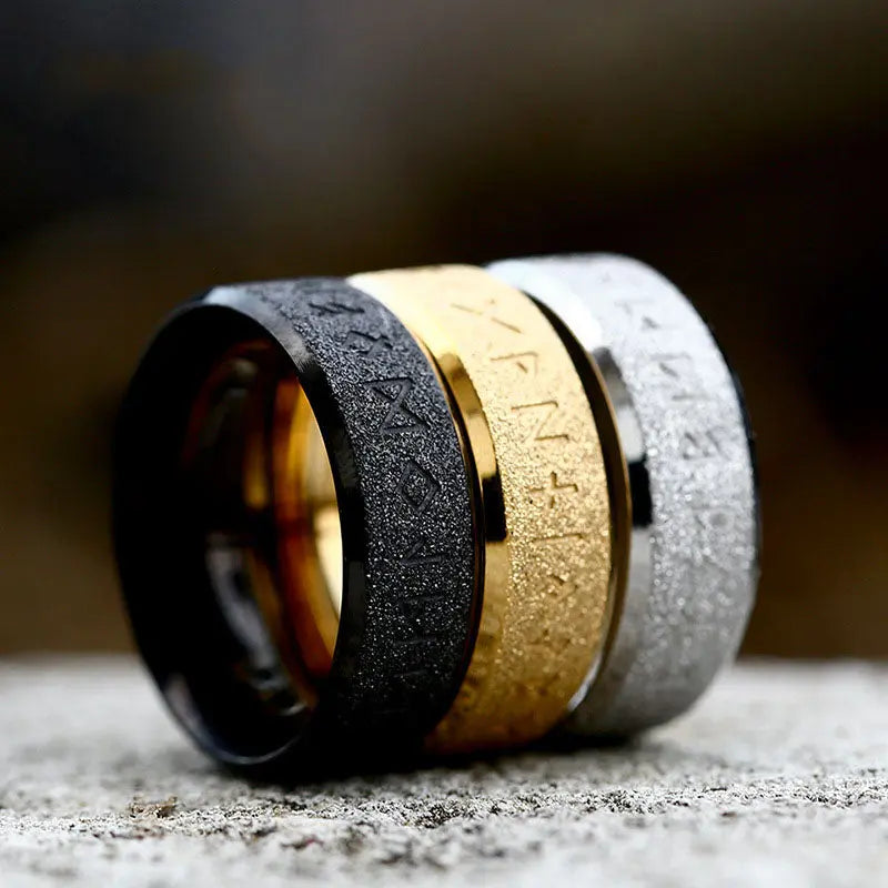 Frosted Engraved Rune Stainless Steel Ring VRAFI