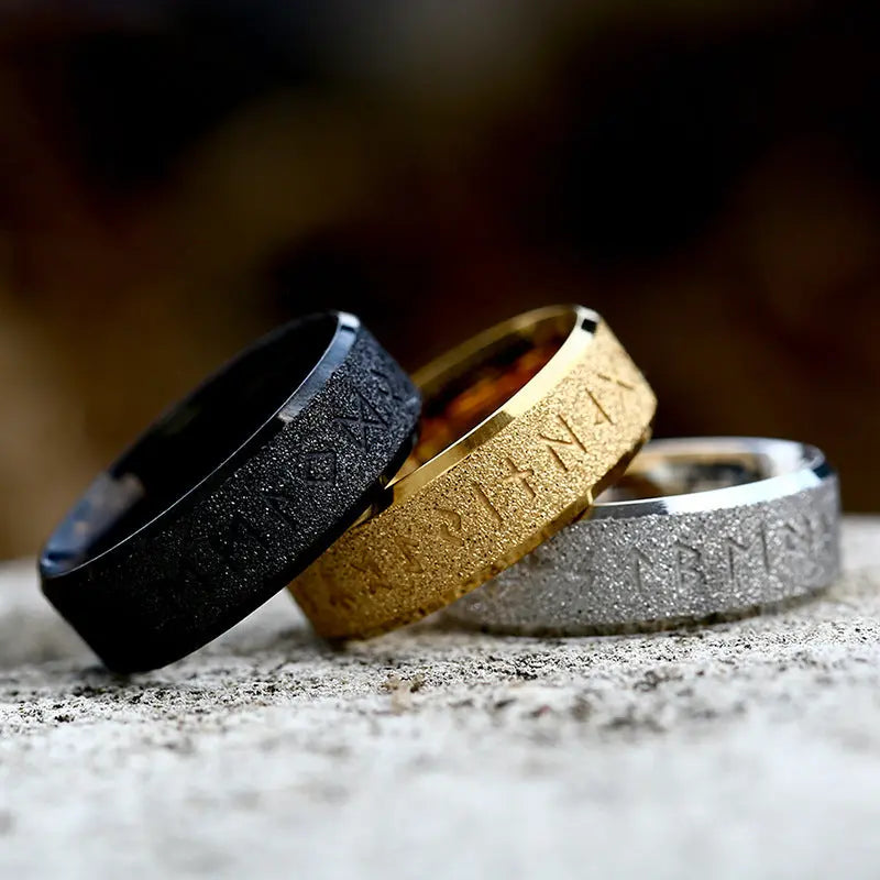 Frosted Engraved Rune Stainless Steel Ring VRAFI
