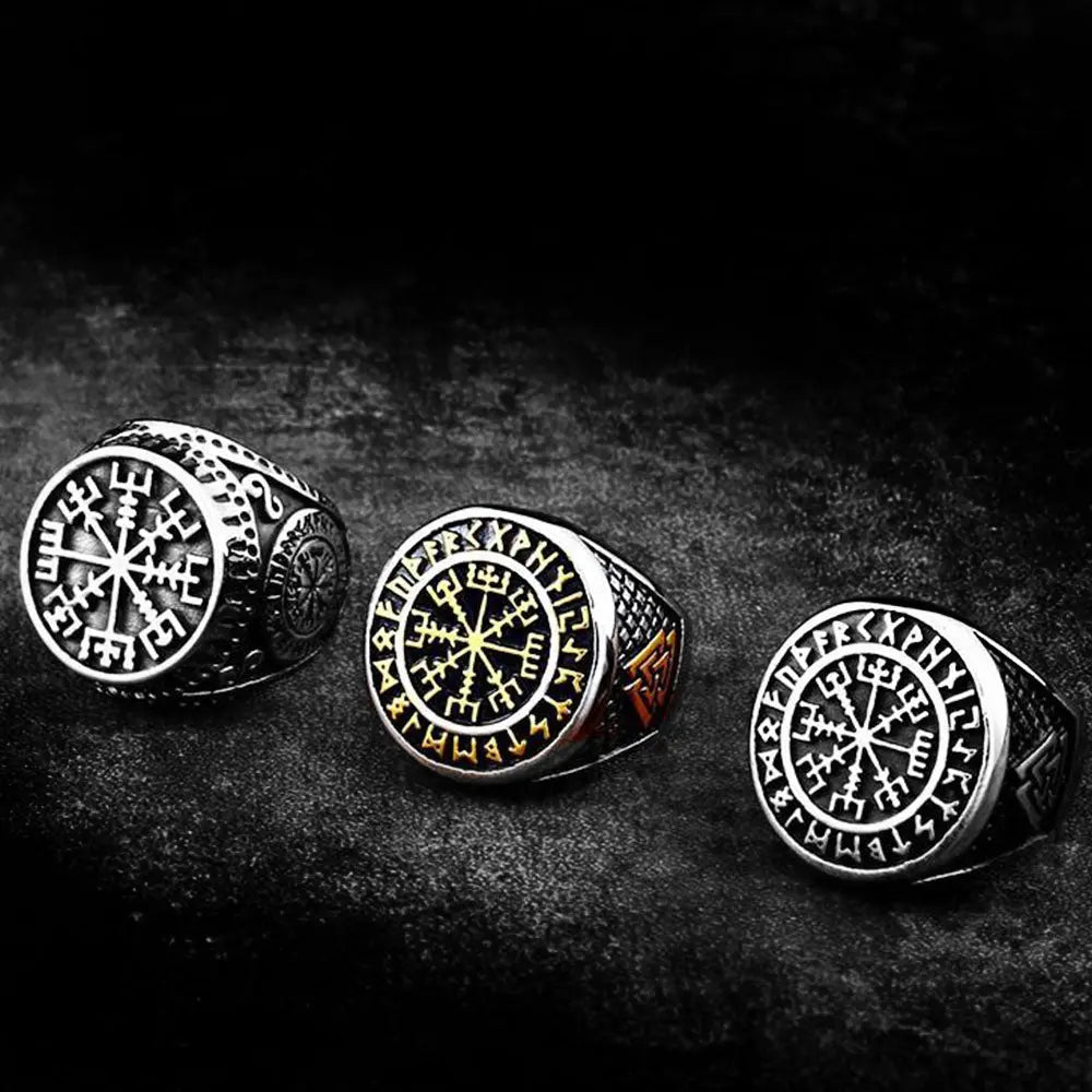 Futhark Runes Compass Stainless Steel Viking Ring VRAFI