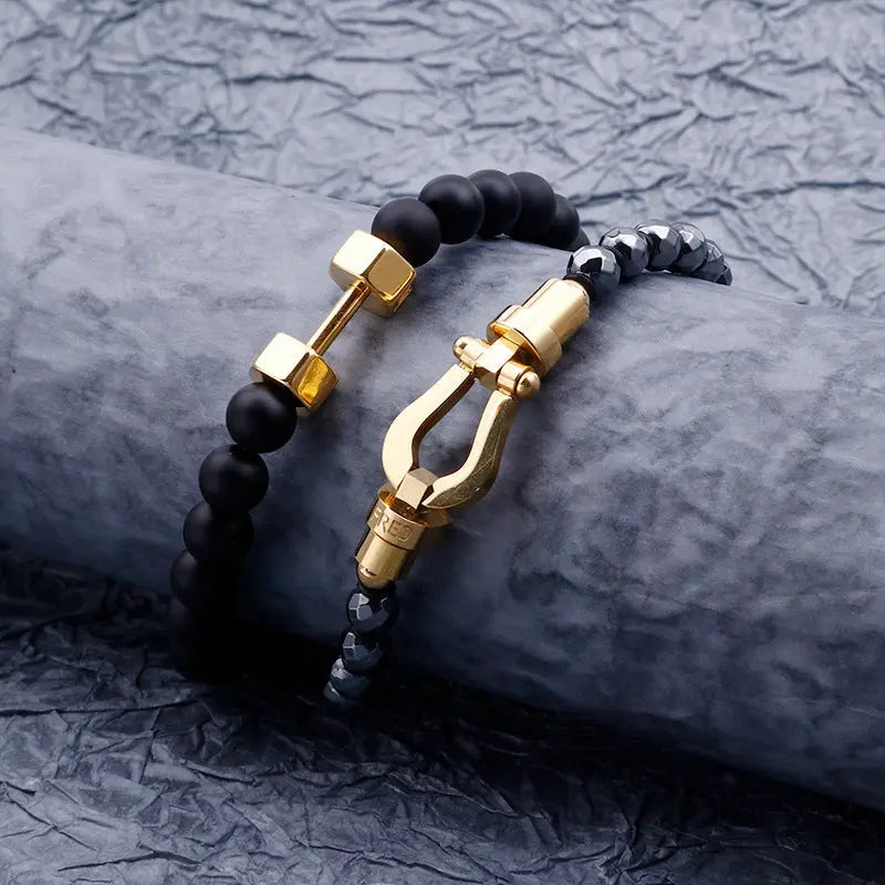 Gemstone Bead Stainless Steel Dumbbel Bracelet VRAFI