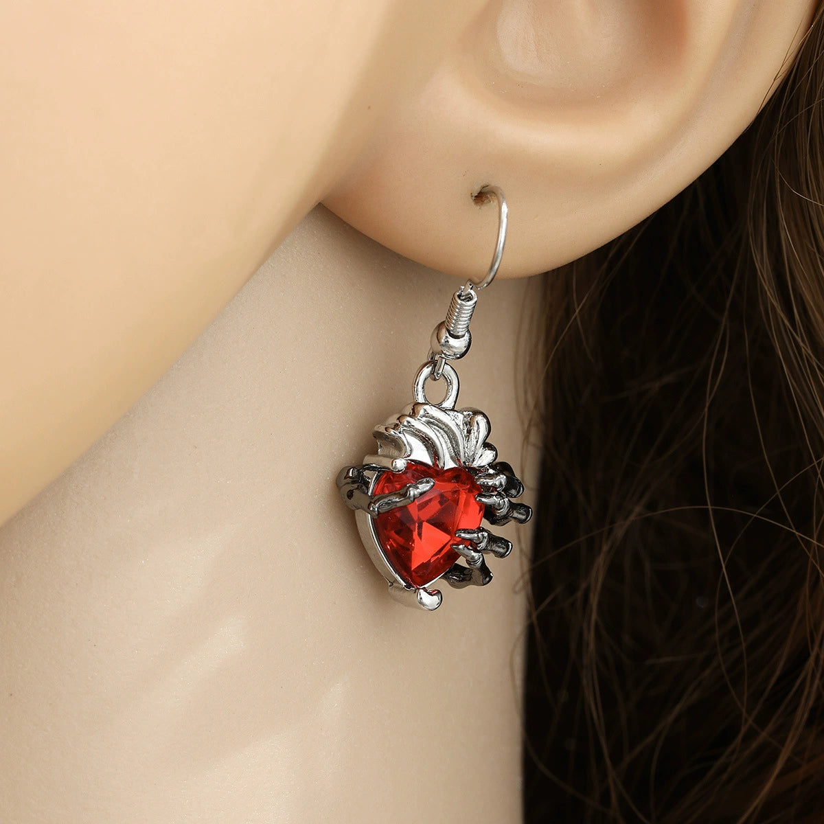Gothic Skull Hand with Heart-Shaped Ruby Hook Earrings