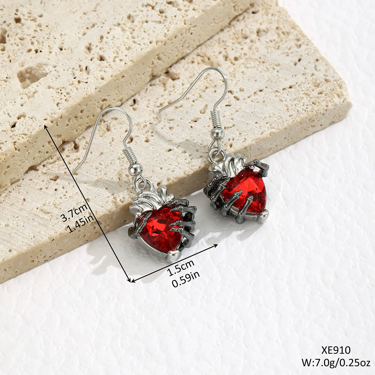 Gothic Skull Hand with Heart-Shaped Ruby Hook Earrings