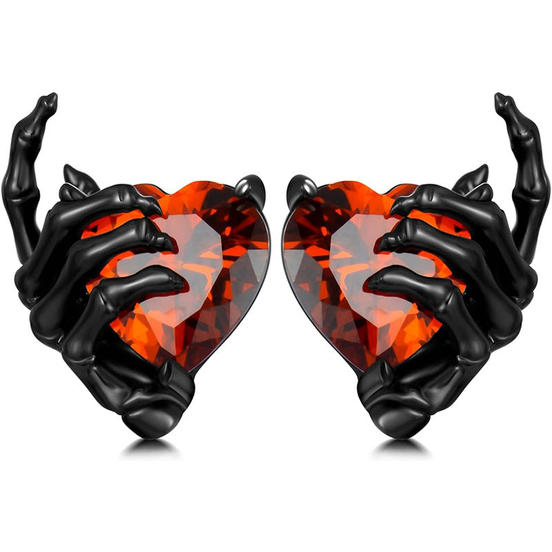Gothic Skull Hand with Heart Ruby Stud Earrings