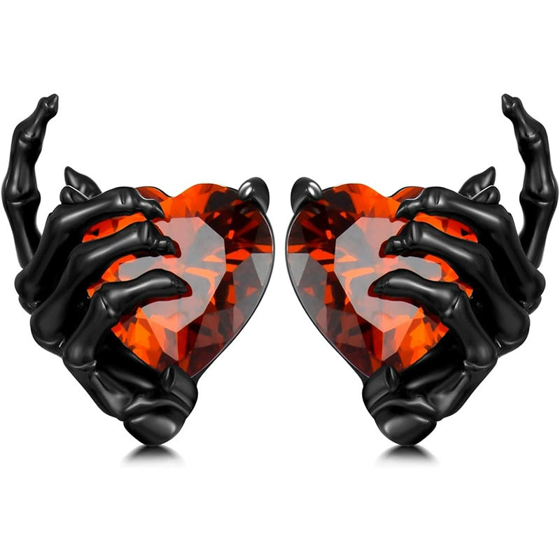 Gothic Skull Hand with Heart Ruby Stud Earrings