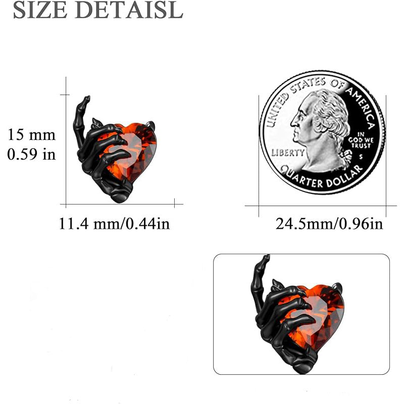 Gothic Skull Hand with Heart Ruby Stud Earrings