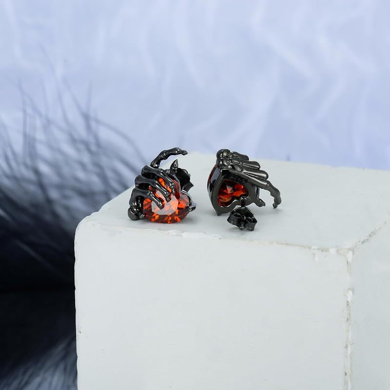 Gothic Skull Hand with Heart Ruby Stud Earrings