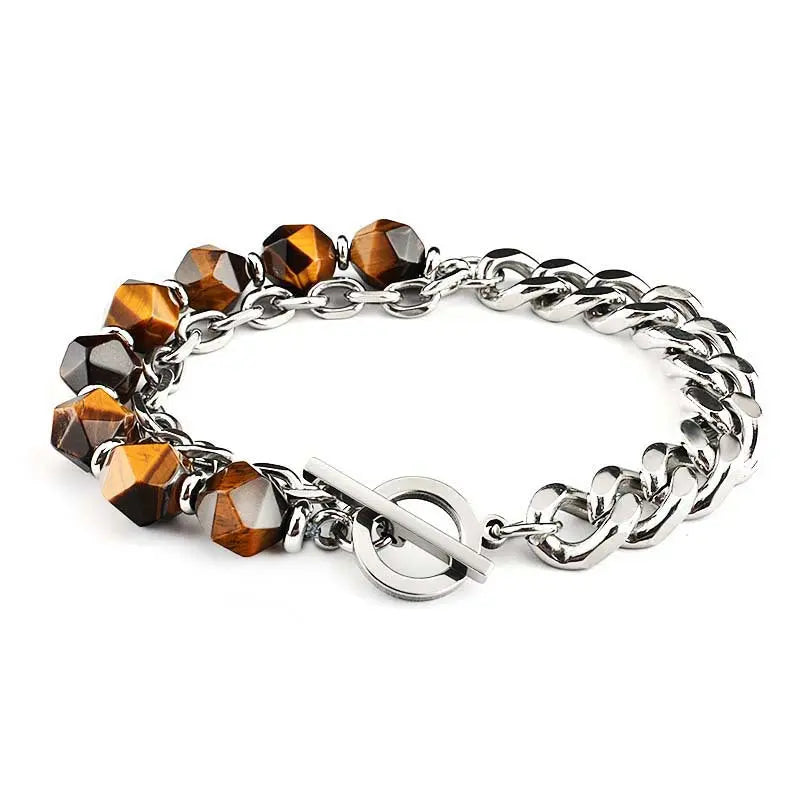 Half Natural Stone Bead Hal Curb Link Bracelet VRAFI