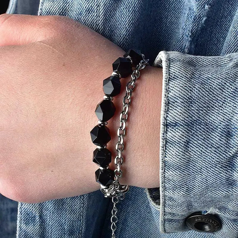 Half Natural Stone Bead Hal Curb Link Bracelet VRAFI