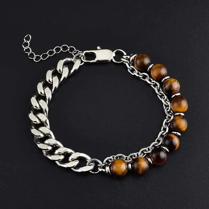 Half Natural Stone Bead Hal Curb Link Bracelet VRAFI
