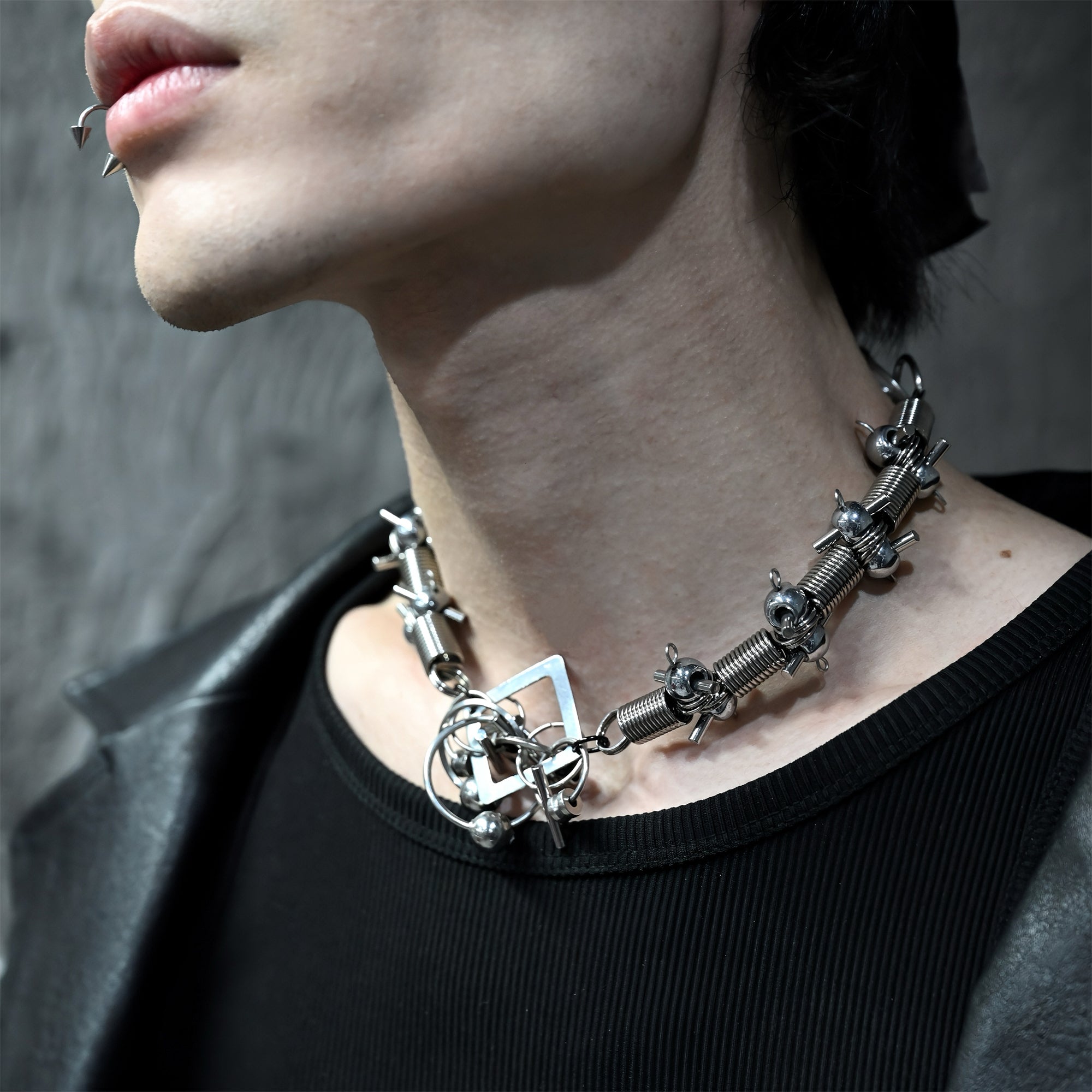 Industrial Spring Silver-Tone Clavicle Chain