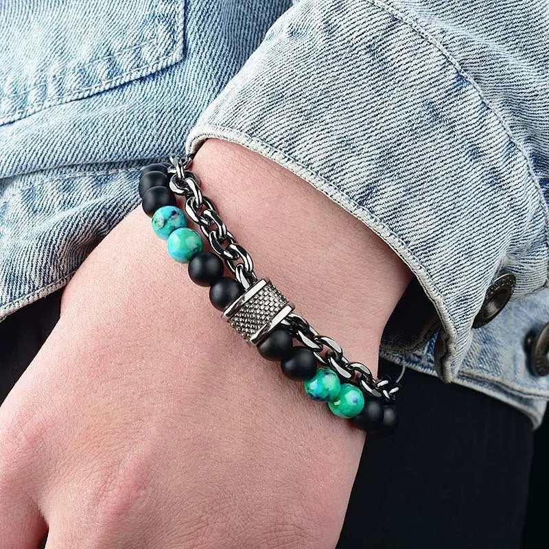 Lapis Frosted Stone Metal Double Layer Bracelet VRAFI