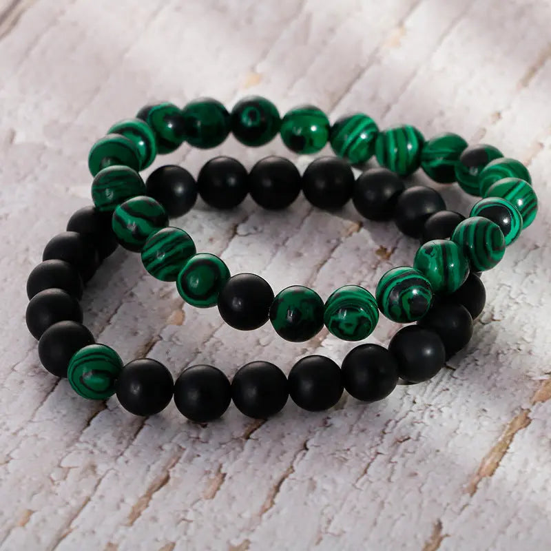 Malachite Black Agate Stone Round Beads Stretchable Bracelet - Vrafi Jewelry