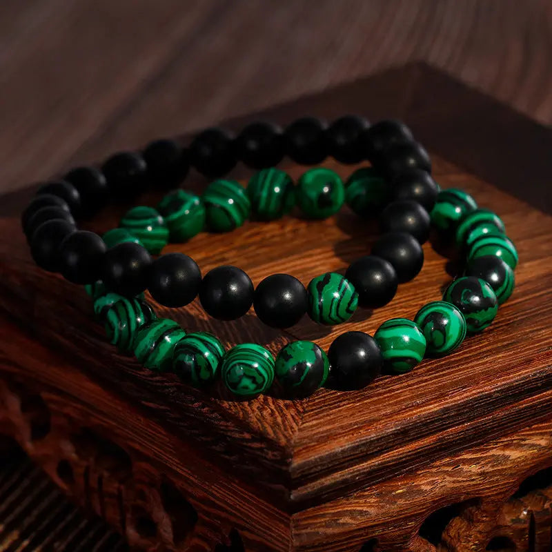 Malachite Black Agate Stone Round Beads Stretchable Bracelet - Vrafi Jewelry
