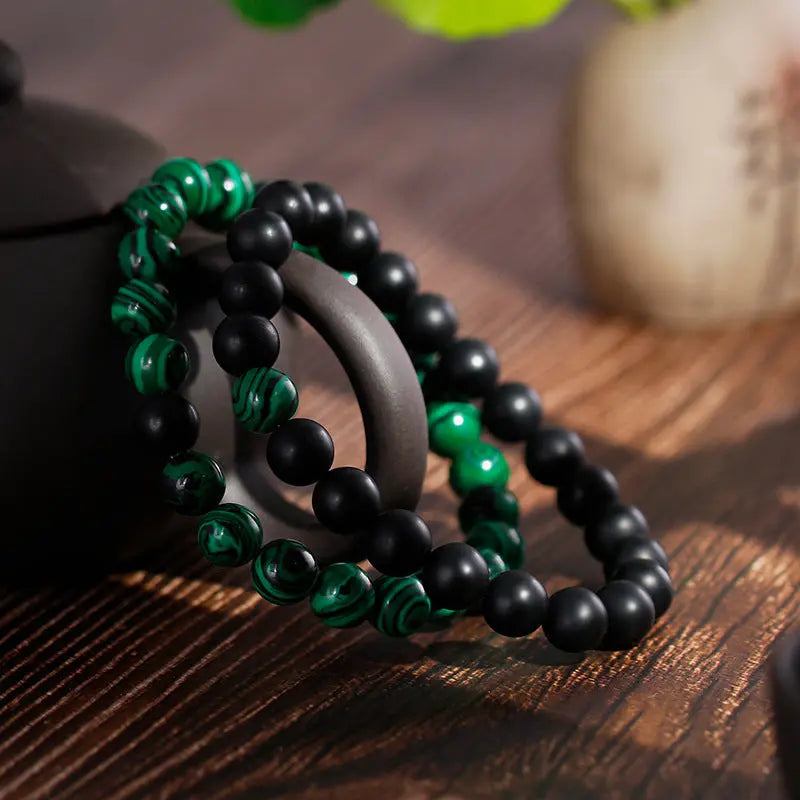 Malachite Black Agate Stone Round Beads Stretchable Bracelet - Vrafi Jewelry