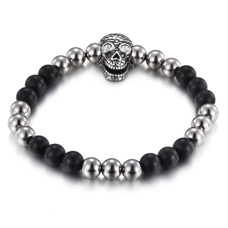 Men's Biker Stainless Steel Skull Skeleton 8MM Black Bead Stone Bracelet Vrafi Jewelry