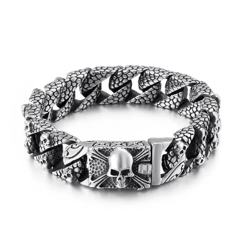 Mottled Skull Curb Link Skull Bracelet - Vrafi Jewelry