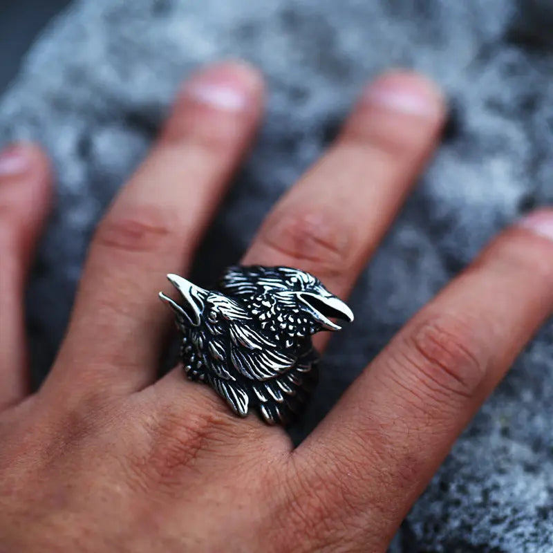 Mythology Odin Crow Stainless Steel Viking Ring - Vrafi Jewelry
