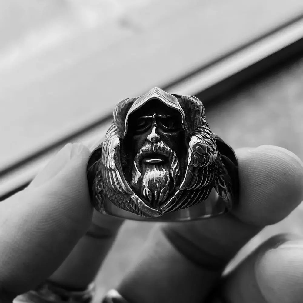 Mythology Odin Raven Wolf Stainless Steel Ring - Vrafi Jewelry