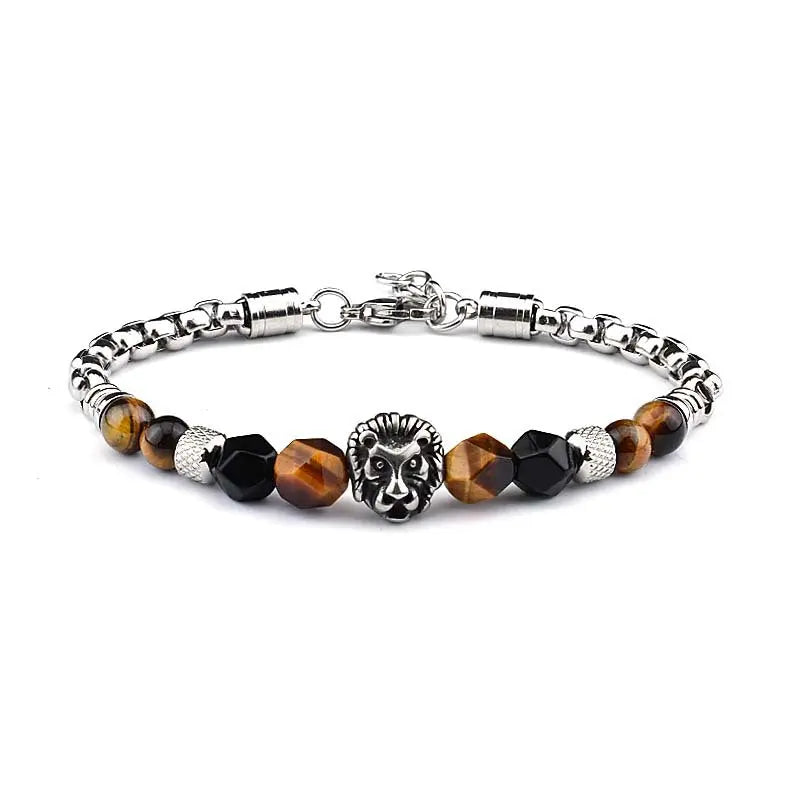 Natural Stone Bead Lion Head Box Chain Bracelet VRAFI