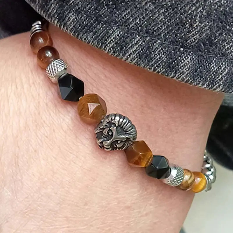 Natural Stone Bead Lion Head Box Chain Bracelet VRAFI